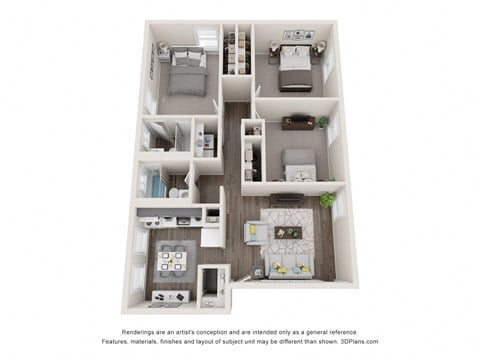 Floor plan for 3 beds, 2 baths, 1100 sqft